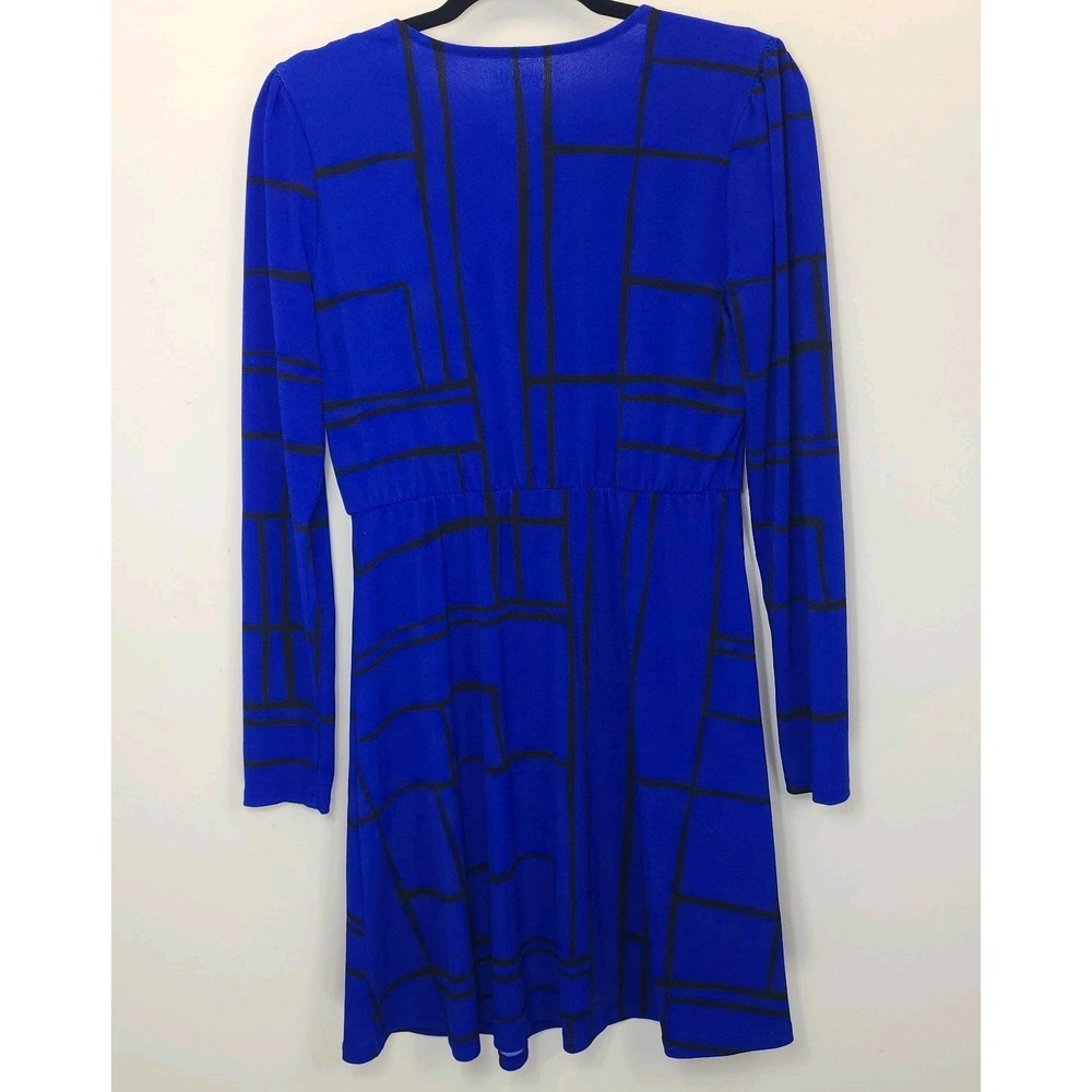 Nine West Blue Geometric Faux Wrap Dress Womens Knee Length Medium Long Sleeve - Picture 3 of 4